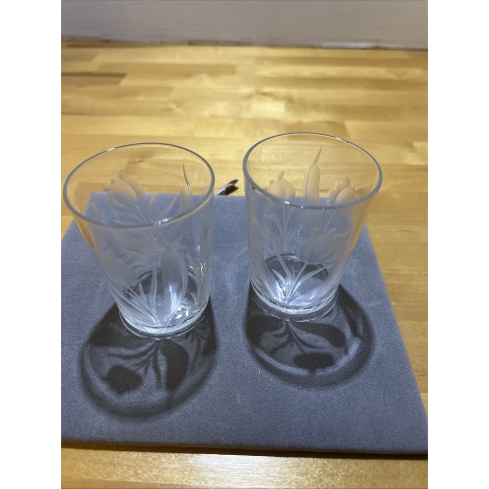 Vintage Pair Etched Juice Glasses With Tulips